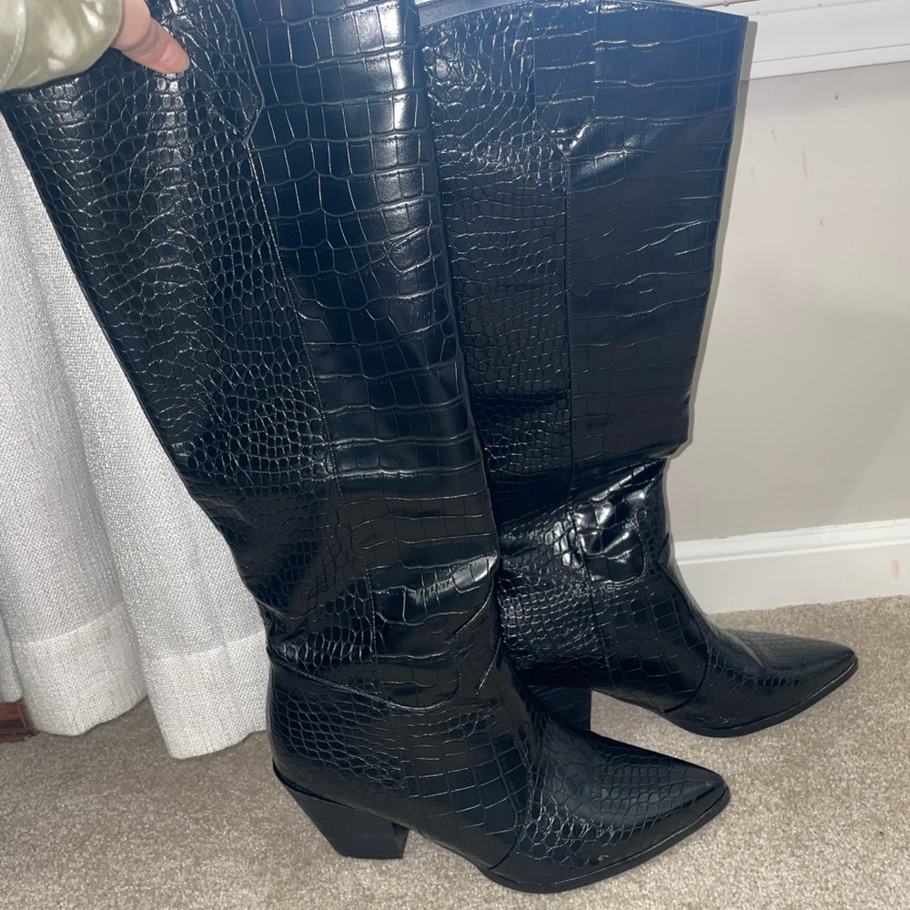 Riley Boots Black; tall textured Pointed-Toed Boots